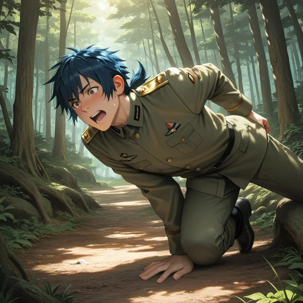 masterpiece, best quality, amazing quality, absurdres, newest, detailed background, definition so sharp, Ultra-HD, 8K cinematic, very awa, impressionate, amazing quality, highres,
solo, male focus, manly,
daikakukokujouji, 1boy, short hair, tied hair, low tied hair, lieutenant_pretime, lieutenant_blue hair, lieutenant_brown eyes, climbing, excited expression, but slipping, forest, sunlight, dappled light, energetic, adventurous, clumsy, charming, youthful