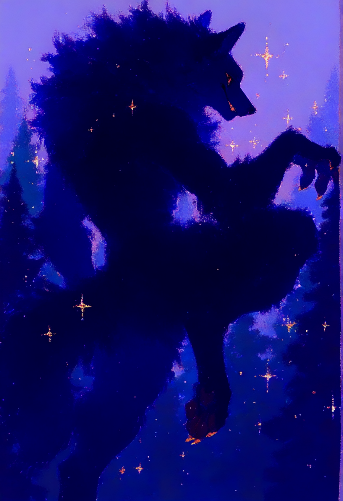 male, solo, anthro, digitigrade, (fur), fluffy fur, canine,  black fur, claws, teeth, smile, looking at viewer, pose, outside, forest, brown eyes, BREAK masterpiece, best quality, newest,  high quality, very aesthetic, very awa, m0m0w4, sparkle, sparkles,   <lora:Momowa Style:1>