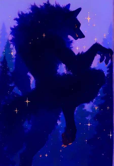 male, solo, anthro, digitigrade, (fur), fluffy fur, canine,  black fur, claws, teeth, smile, looking at viewer, pose, outside, forest, brown eyes, BREAK masterpiece, best quality, newest,  high quality, very aesthetic, very awa, m0m0w4, sparkle, sparkles,   <lora:Momowa Style:1>