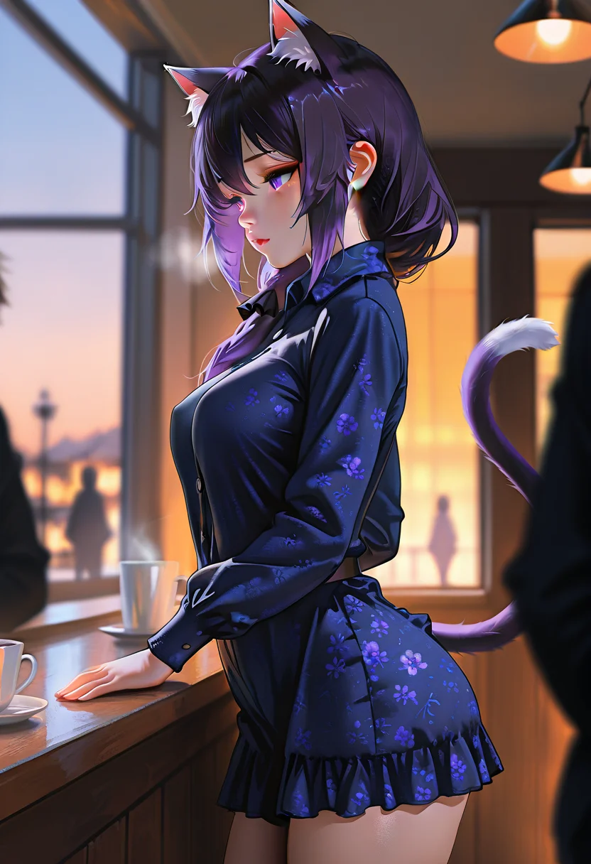 masterpiece, best quality, amazing quality, very aesthetic, absurdres, newest, (scenery, volumetric lighting),depth of field, 1girl,solo,(( pointy breasts )),((side view:1.1),(from the side:1.1),,Cowboy Shot) , eyeliner,tamaki \(princess connect!\), princess connect!, 1girl, cat ears, animal ear fluff, cat tail, fang, two tails, purple eyes, hair between eyes, purple hair, short hair, gradient hair, white hair,, 1girl, guilt, Purple floral print mini dress with ruffled hem,huge breasts, Large and teardrop shaped breasts,(covered breasts:1.3),wide hips,curvy,big ass,Large and deep-seated nipples,thick thighs,skindentation,tsuki_ni_kawatte_oshioki_yo, cafe,evening, cold,solo focus, unsr,,(shiny skin:0.7),(sakimichan:0.8,wlop:0.5),masterpiece, best quality, amazing quality, very aesthetic, absurdres, newest, (scenery, volumetric lighting),depth of field,gobo lighting, <lora:ALT3R4TI0N_Style:0.8>
