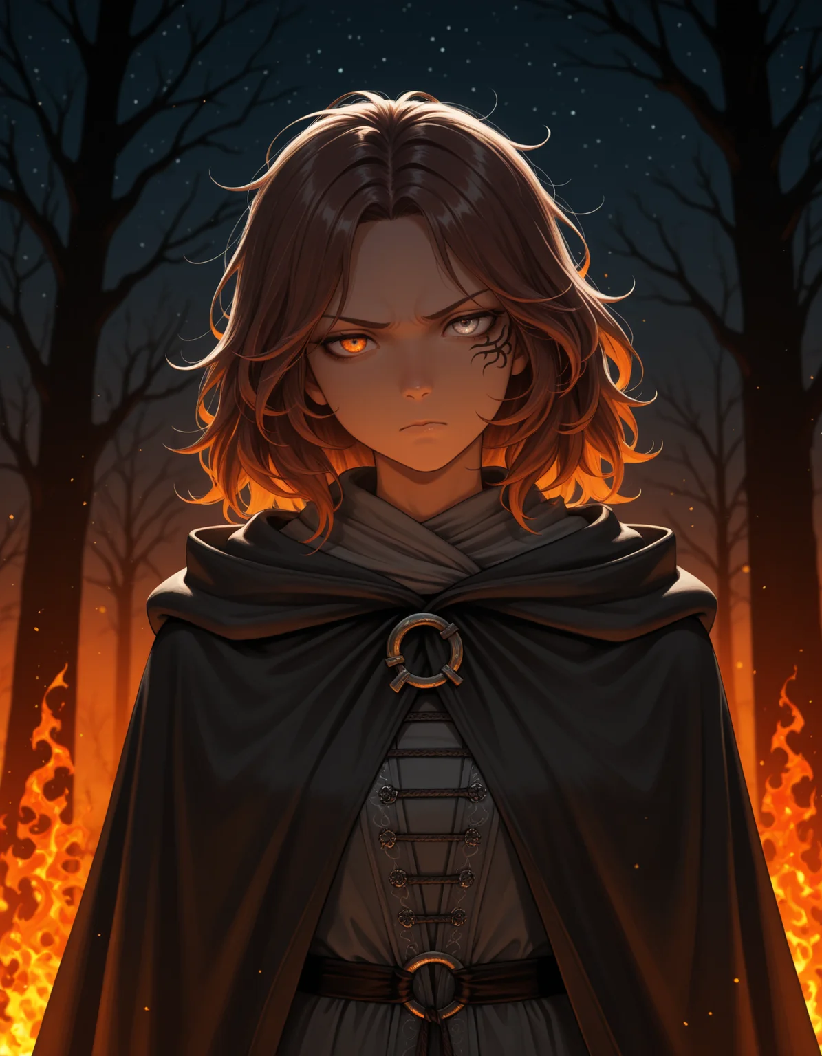 <lora:Melina - Elden Ring (NoobAI):1>
1girl, solo,
m3lina, facial tattoo, brown hair, medium hair, heterochromia, orange eye, grey eye, messy hair,
grey dress, hooded cloak,
serious, looking at viewer, head tilt, scowl,
dark, night, sky, star \(sky\), blurry background, bokeh, fire, burning, orange theme, blurry fire, bare tree, ash, blurry foreground,, masterpiece, best quality, amazing quality,