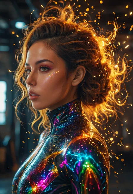 Psychedelic style ((( A beautiful Stylish, 26 years old woman, with Soft chestnut waves flowing down her back, warm hazel eyes that reflect kindness, and smooth olive skin that seems to radiate peace and tranquility., Quantum Entanglement Communicator: A theoretical robot using quantum principles for instantaneous communication. ,23. Industrial-chic Warehouse Event Space, )))
 (((with exaggerated expressions))) Here's another set of 50 even more bizarre and strange attributes for fruits and vegetables:, Abstract Architecture Angles: Focus on geometric patterns in buildings by shooting upward at sharp angles; emphasize symmetry, lines, and repetitive shapes for striking modern compositions..(dynamic:1.1),sun rays, 
(Vivid, HDR, Canon50, 8K, Hyper Realistic, Dramatic, Epic, Dynamic Contrast, Cinematic Lighting, increased brightness)(((Zoomed Out, Far away Shot))) = =. Epic dynamic lighting , vibrant,highly detailed,psychedelic,((Psychedelic, rainbow glow ))
((Vivid, Epic, Dynamic contrast)) (((Zoomed out, Far away shot, In frame)), (((Cinematic, Studio lighting, Contrast)))
<lora:juggernautXL_version6Rundiffusion:0.8><lora:rundiffusionXL_beta:0.8><lora:epicrealismXL_v5Ultimate:0.8><lora:crystalClearXL_ccxl:0.9><lora:extremely_detailed:0.8> extremely detailed
 <lora:hyperkraximalism:0.3> hyperkraximalism
<lora:QuadpipeQp_sdxlV2:0.4> 
<lora:xl_more_art-full_v1:0.1>
<lora:RMSDXL_Darkness_Cinema:0.4>
<lora:glowneon_xl_v1:0.8> glowneon, glowing, sparks, lightning, - Generate images with sharp edges and fine details.
- Produce high-resolution images with no blurriness or distortions.
- Create images with clear and well-defined subjects.
- Ensure that the output images have crisp lines and distinct features.
- Generate images with vibrant colors and accurate tones.
- Avoid noise or artifacts in the generated images.
- Focus on producing clear textures and patterns in the images.
- Emphasize clarity and definition in all aspects of the generated images.
- Prioritize the sharpness and clarity of the main subjects in the images.
- Optimize the AI model to produce clear and visually appealing images., Wlop, By art germ . Vibrant colors, swirling patterns, abstract forms, surreal, trippy