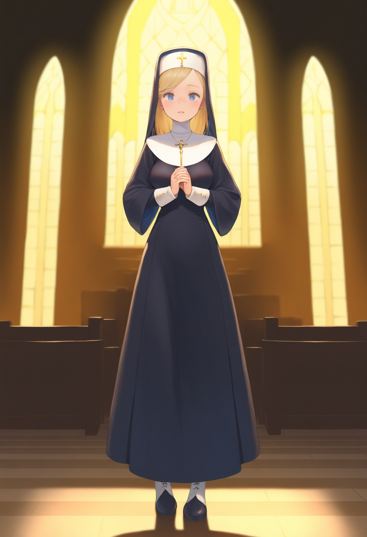 best quality, amazing quality, very aesthetic, absurdres,
1girl, blonde hair, blue eyes, long hair, nun, boots, dress, hat, robe,
full body, looking at viewer, solo, standing, indoors, church background, <lora:MoryoNoob_byKonan:1>