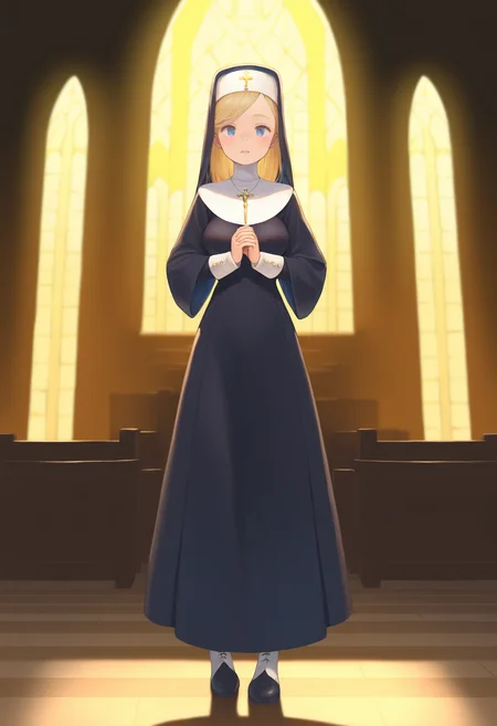 best quality, amazing quality, very aesthetic, absurdres,
1girl, blonde hair, blue eyes, long hair, nun, boots, dress, hat, robe,
full body, looking at viewer, solo, standing, indoors, church background, <lora:MoryoNoob_byKonan:1>