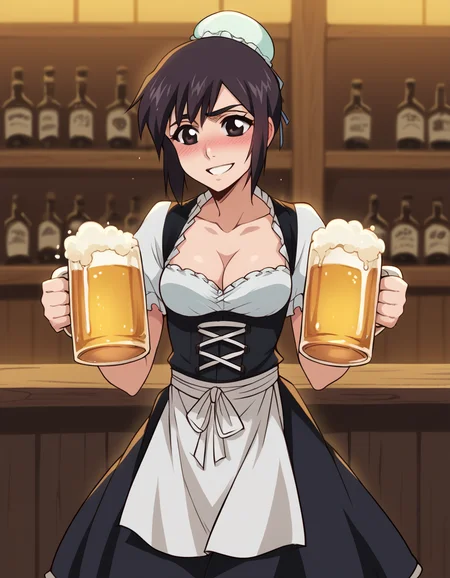 score_9, score_8_up, score_7_up, source_anime, <lora:momo-hinamori-anime-ponyxl-lora-nochekaiser:1>, momo hinamori, black hair, hair bun, single hair bun, bun cover, short hair, black eyes,, <lora:dirndl-ponyxl-lora-nochekaiser:1>, dirndl, german clothes, beer mug, collarbone, cleavage, beer, underbust, waist apron,, indoors, bar, smile, blush,, , cowboy shot, dutch angle
