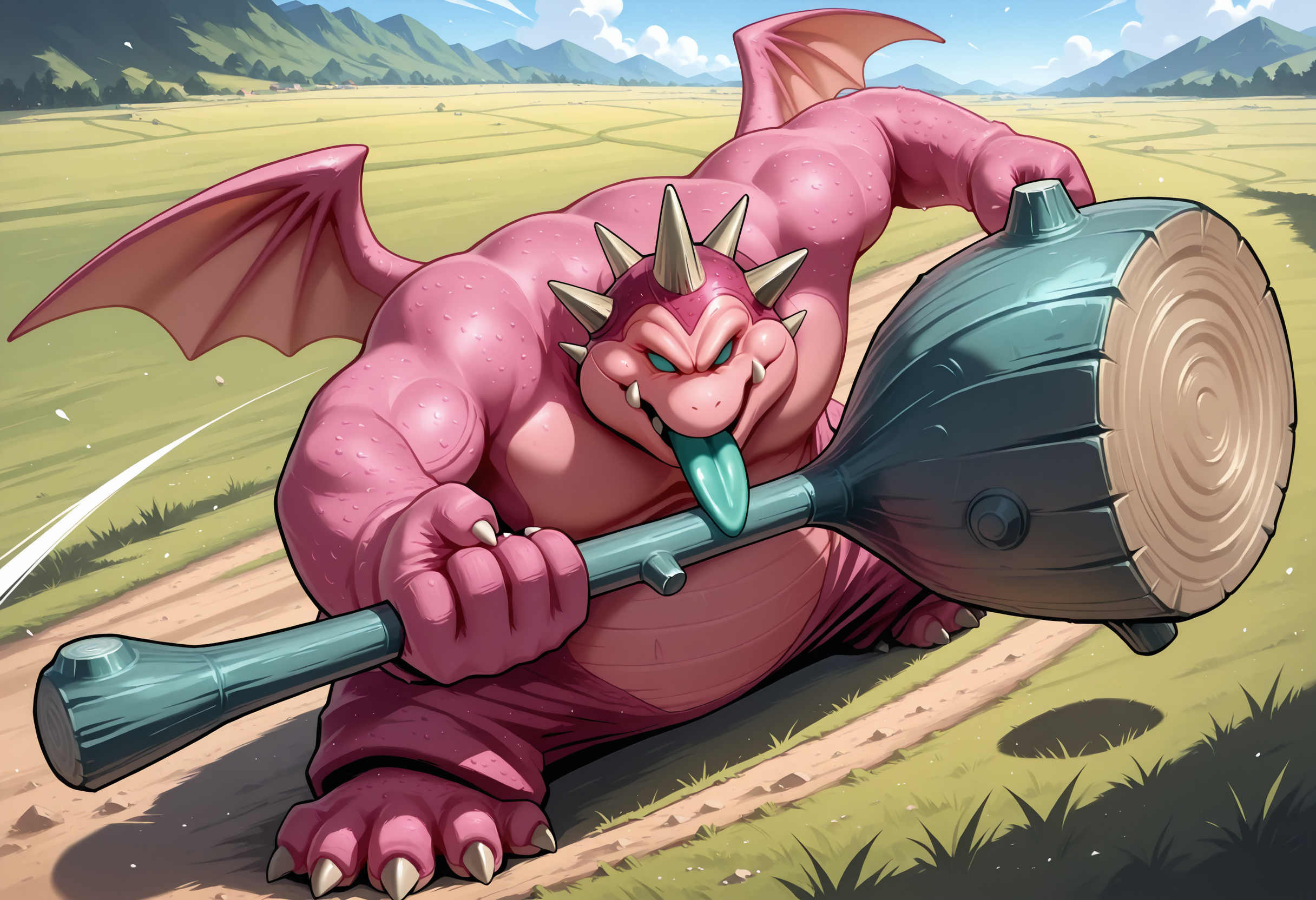 masterpiece,best quality,super detailed,extreme detailed,full_body,day,field,no humans BREAK nightclubber_(dq),holding hammer,horns,tongue out,wings,pink_skin,<lora:nightclubber_(dq)-IL:1>,fighting stance,shockwave,incoming attack,