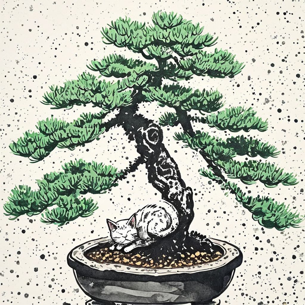 <lora:Ath_ink-painting_XL:1>,ink-painting,ink anf wash,painting \(medium\),traditionalmedia,watercolor\(medium\),A bonsai like tree with a cat sleeping under it,<lora:H4LFT0N3_XL>, Halftone Color Process,risograph technique,gradient halftone overlay,pointillism,Roy Lichtenstein,a pop art painting,offset printing technique,mosaic pattern,CMYK halftone,, (masterpiece, best quality, high quality, highres, ultra-detailed),
