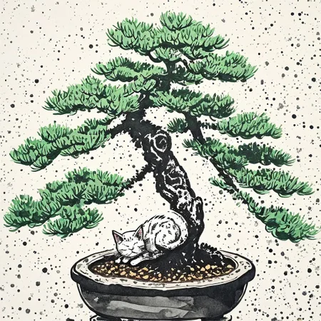 <lora:Ath_ink-painting_XL:1>,ink-painting,ink anf wash,painting \(medium\),traditionalmedia,watercolor\(medium\),A bonsai like tree with a cat sleeping under it,<lora:H4LFT0N3_XL>, Halftone Color Process,risograph technique,gradient halftone overlay,pointillism,Roy Lichtenstein,a pop art painting,offset printing technique,mosaic pattern,CMYK halftone,, (masterpiece, best quality, high quality, highres, ultra-detailed),