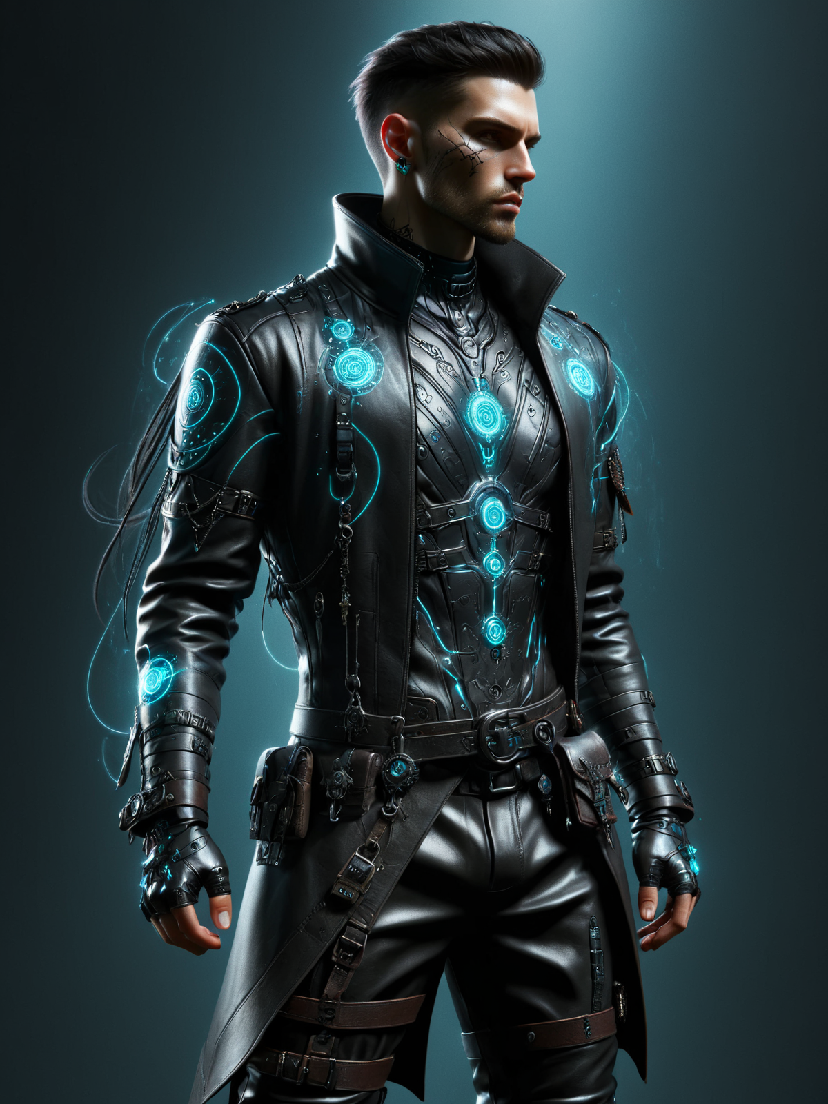 man, cyberpunk, streetmage, leather clothes, dynamic pose <lora:Cyberpunk_Techno-Mages_SDXL:1>, (masterpiece:1.2), best quality