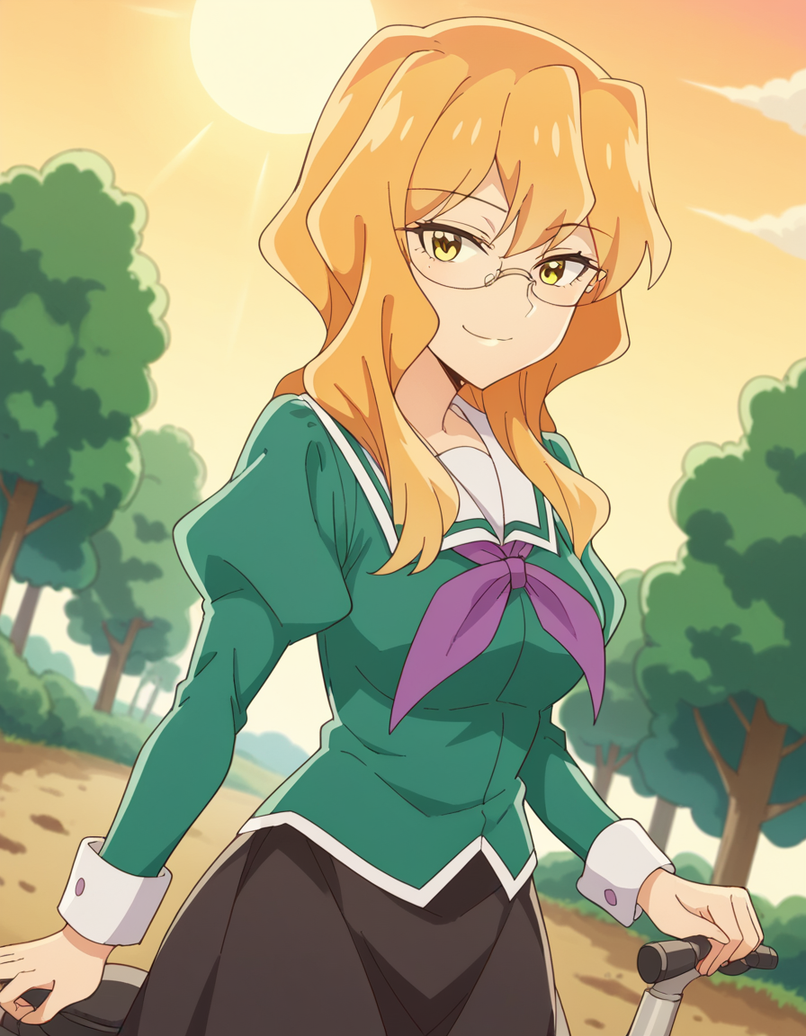 score_9, score_8_up, score_7_up, source_anime, <lora:sumika-chibana-s1-ponyxl-lora-nochekaiser:1>, sumika chibana, long hair, blonde hair, yellow eyes, glasses,, skirt, long sleeves, school uniform, puffy sleeves, serafuku, purple neckerchief, green shirt, black skirt, long skirt,, bike ride, countryside, dirt road, trees, afternoon sun, peaceful, alone, smile, smug, looking at viewer, solo,, dutch angle, cowboy shot