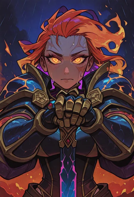 Dark fantasy illustration, ultra-detailed, painterly textures, rich cinematic lighting. An extreme close-up of a mysterious female warrior, her intense, glowing eyes reflecting distant firelight. Her face is partially obscured by swirling strands of windblown hair, damp with sweat and rain. Scars trace across her skin, hinting at battles fought.
Fiery embers drift through the air, caught in the stormy wind, their glow contrasting against the cool blue moonlight illuminating her cheekbones. A single bloodstained gauntlet is raised, gripping the hilt of a rune-etched blade, the reflection of a burning battlefield flickering along its steel.
Deep contrasts—warm ember glow against the cold, misty background. High-saturation highlights bring out the iridescent sheen on her armor, while soft shadows add depth. Her eyes—piercing gold or ethereal violet—draw the viewer in, making the scene feel alive and full of story.