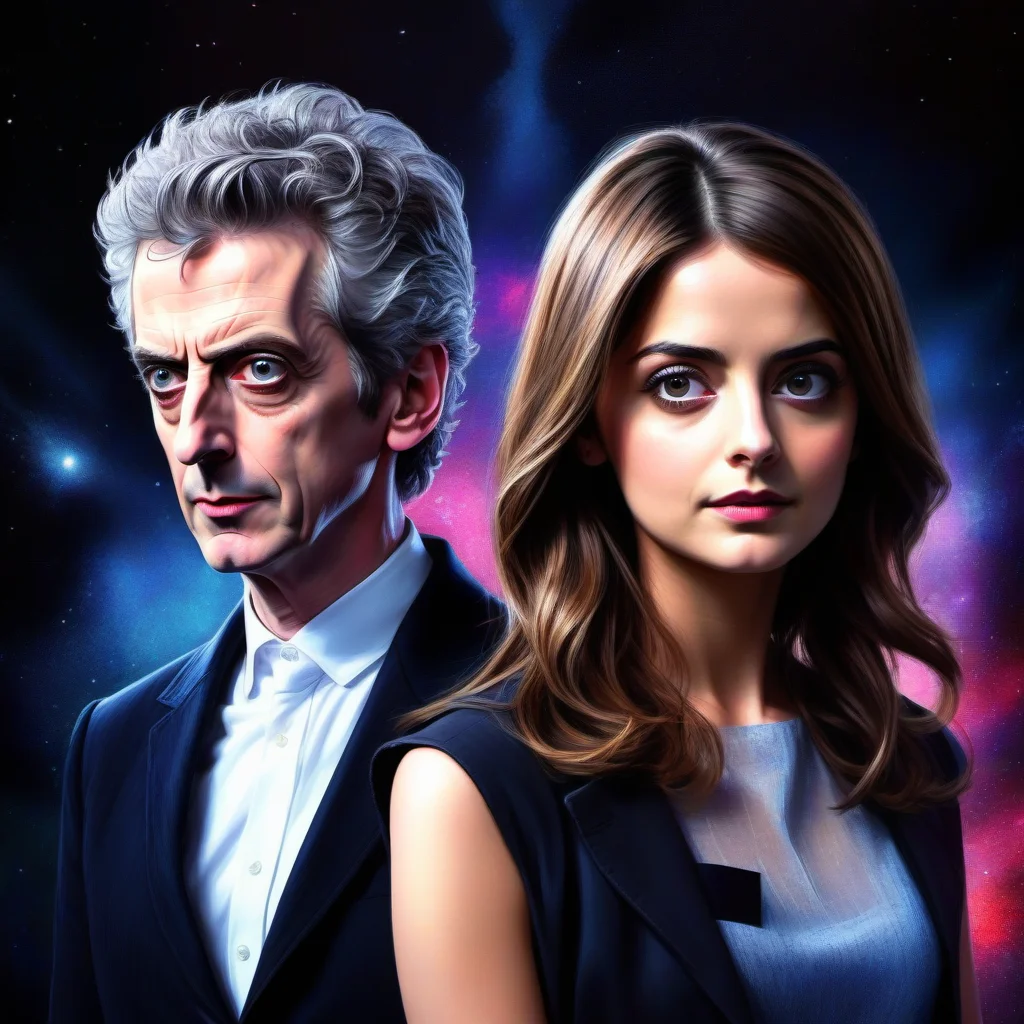 Peter Capaldi and Jenna Coleman in Doctor Who, perfect face concept, powerful, fantasy, (elegant:1.18), illustration, bosschalk, neon highlights