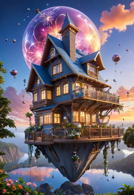 the image showcases a whimsical and intricately designed house that appears. floating in the air,the house has multiple levels, , multiple windows, and various decorative elements. there are antennas, a satellite dish, and other technological devices attached to the house. the house is surrounded by a deck with seating, plants, and a table,small animals and insects .below the house,there is a huge crystal glass supporting the house. the background is the sunset and the crystal clear starry sky.fireworks blooming
