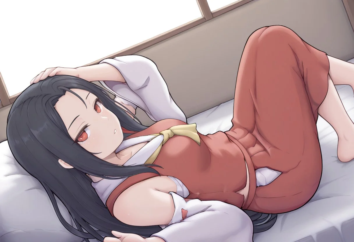 best quality, masterpiece, from side, dutch angle,
1girl, solo, shiromiya rei, (hakurei reimu:0.5), long hair,
miko, red shirt, detached sleeves, red skirt,
on bed, on back, lying, foot out of frame, hand on own head, looking at viewer, parted lips,
indoors, window,