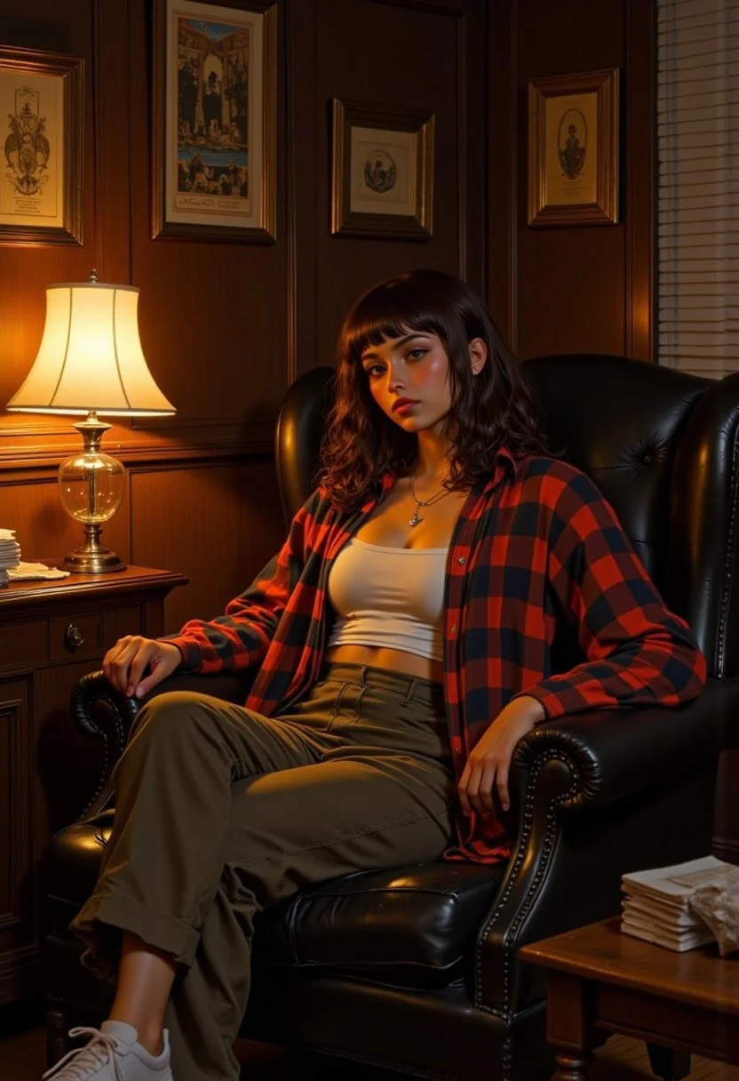 photo of a young woman sitting in a vintage leather armchair in a dimly lit, cozy room. she has fair skin, shoulder-length wavy brown hair with bangs, and is wearing a white tank top under a red and black plaid shirt. high-waisted olive green pants, relaxed fit. she has a thoughtful expression, looking slightly to the side. background features dark wood paneling, framed artwork on the wall, a vintage glass lamp with a warm glow on a wooden side table. the lighting is soft and moody, casting gentle shadows. the room has a classic, slightly worn aesthetic. realistic style, cinematic lighting, cozy atmosphere.