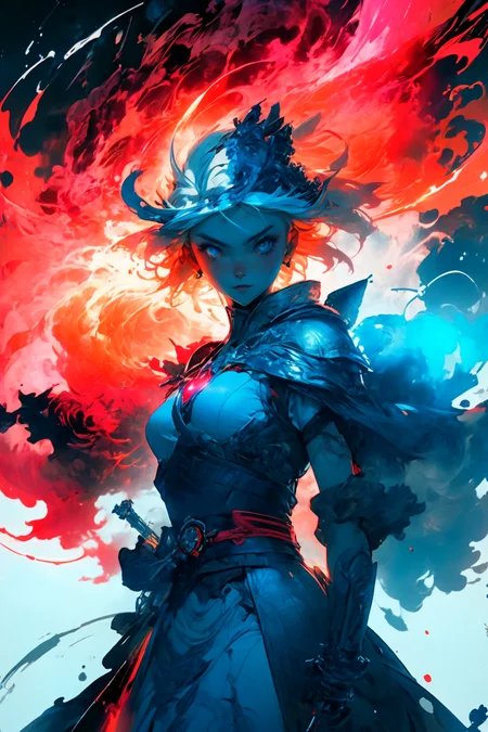 Saber1girl, In hand huge flame great swordwhite blue dressBlue capeBlue bowgorgeous armorplatinum blonde hair
A shot with tension(sky glows red,Visual impact,giving the poster a dynamic and visually striking appearance:1.2),
<lora:~Q?-Saber:0.8>
<lora:more_details:0.4>
 <lora:Cosmic anime-oil fusion v2:0.45> 
<lora:AnimeVibesV3:0.3> animevibes, 
<lora:3DMM_V11:0.5> 3DMM 
<lora:midjourney_20230624181825:0.7> midjourney ,
 <lora:LAS:0.5> cloud,colorful,
<lora:msw_locon-t2:0.6>
 <lora:wuxia2:0.6> gu,
 <lora:CyberpunkStyleV1:0.2> PunkAI ,
<lora:CatgirlMaidV1.0-000003:0.35> CatgirlMaid, shiny, shiny hair, shiny skin, shiny clothes