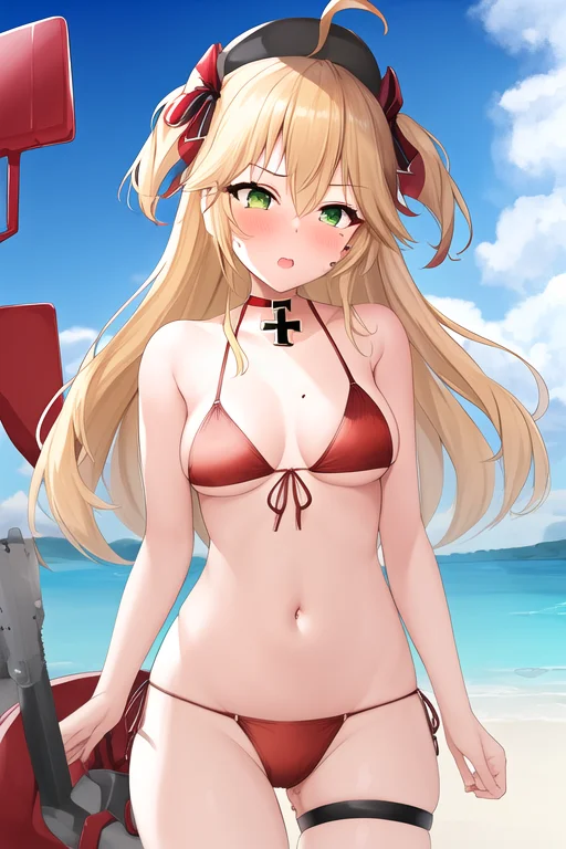 masterpiece, best quality, highres, solo, {admiral_hipper_azurlane:1.10}, blonde_hair, long_hair, green_eyes, two_side_up, bangs, ahoge, hair_between_eyes, blush, cross, breasts, iron_cross, mole, open_mouth, mole_under_eye, hat, collarbone, small_breasts, 1girl, bare_shoulders, bikini, choker, looking_at_viewer, red_bikini, swimsuit, front-tie_bikini_top, front-tie_top, navel, sidelocks, blue_sky, cloud, day, hair_ribbon, outdoors, ribbon, sky, thigh_strap