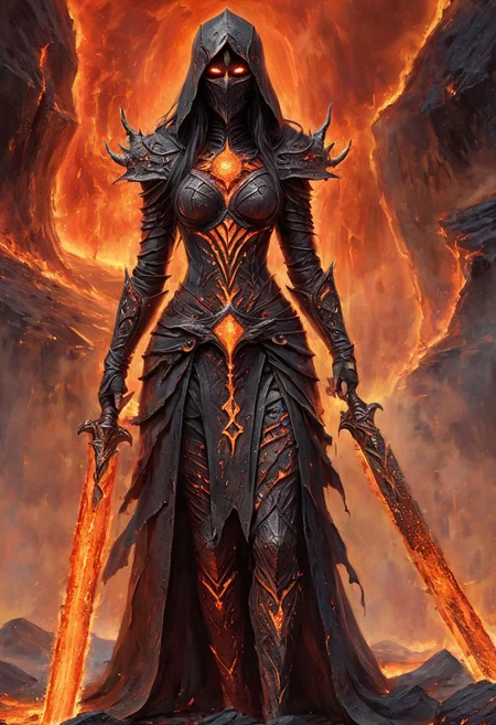 A stunning, highly detailed dark fantasy full body illustration of a mystic woman. She walks in lava, Fire goddess, dark toga, canvas hood, war mask, cracked skin, basalt, surrealist