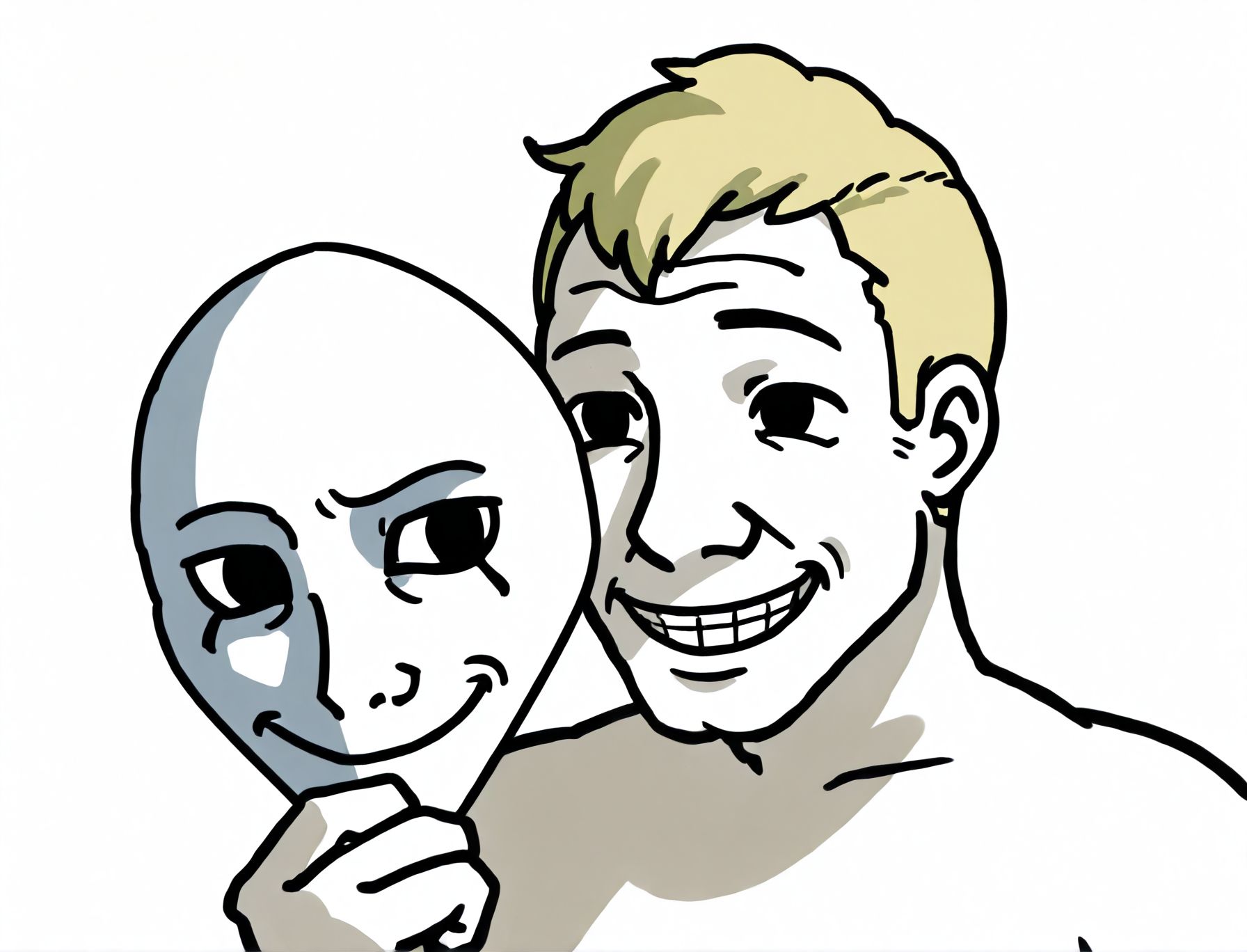 toon \(style\), 2d,
<lora:Wojak_style:1.1>Wojak style,
1boy,solo,holding mask, male focus, 
mask,holding,smile,
wojak mask,  under wojack mask,holding mask,
Wojak style,  
sakamoto ryuuji, blonde hair, 
persona 5, 
white background, simple background, 
white skin,ugly man,