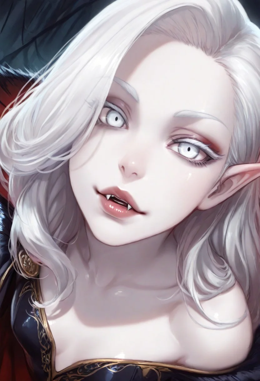 masterpiece, best quality, amazing quality, intricate detail, highly detailed, absurdres, vampire woman,beautiful,she have fangs,white long hair and complete white eyes, dynamic angle, , Detailed lips, wide lips, soft lips, pale lips, glossy lips, lip gloss front view, looking at viewer, dynamic angle, <lora:SmoothStyle_Omega:1>