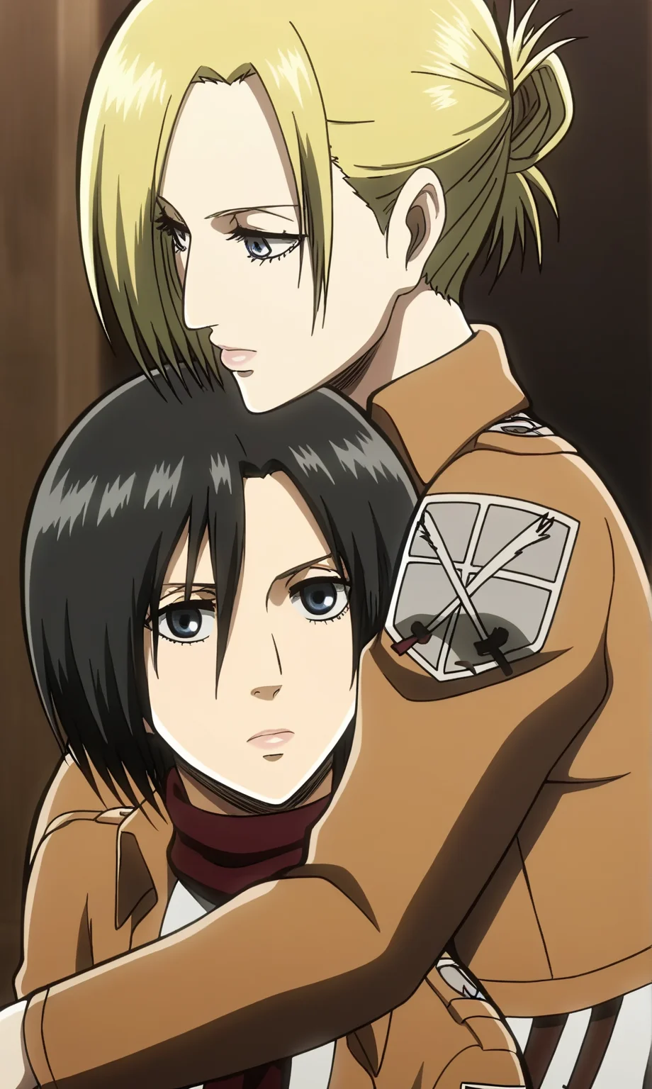 score_9, score_8_up, score_7_up,2girls,source_anime,paradis military uniform, hug, 
BREAK annieS1 ,blonde hair,short hair,blue eyes,tied hair,detailed face,masterpiece,best quality,annie leonhardt,<lora:annieS1:0.8>
BREAK mikasa ackerman, 1girl,short hair,  black hair,  <lora:Private-Mikasa-PDXL:0.8>