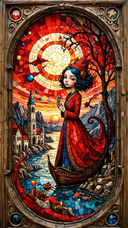 ruined postapocalypce abandoned fish eye lens epic mail art, expressionism, multilayers splatter alcohol ink, fairytale, city street art on a cracked paper, ship, dragon ruined abandoned temple, glittering, swirling mountains detailed abstract red sunset celestial sky, shadow play, by Wassily Kandinsky, Egon Schiele, Marc Chagall, Nicoletta Ceccoli, Omar Rayyan, James Jean, Craola, Andy Kehoe, patchwork, stained glass, mosaic, storybook illustration, highly detailed unusual beautiful details, intricated, intricated pose, tiny details masterpiece, high quality, intricated lighting, luminism