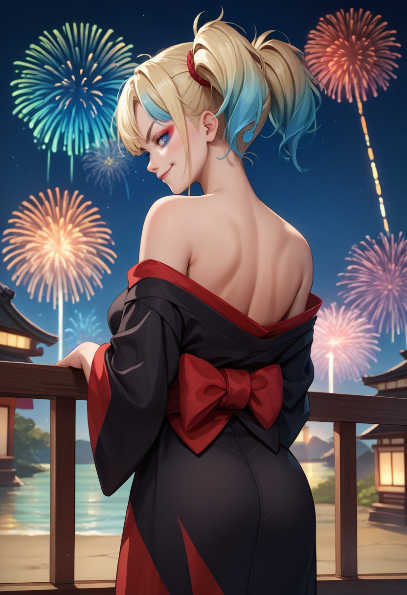 score_9, score_8_up, score_7_up, source_anime, from behind, solo, 1girl, isekaiharley, makeup, eyeshadow, smirk, closed mouth, looking back, twintails, two-tone kimono, black kimono, off shoulder, red sash, bare shoulders, fireworks <lora:suicidesquadisekai_quinn_ponyXL:1>