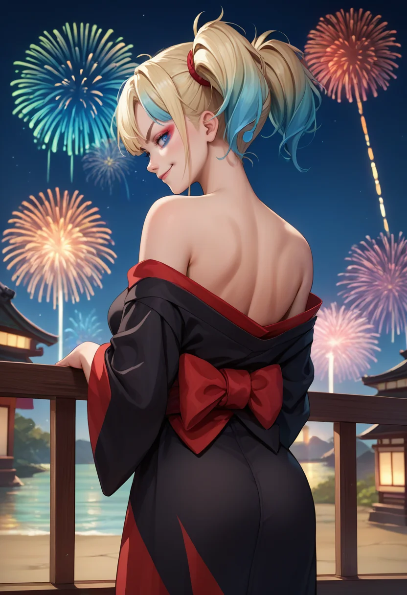 score_9, score_8_up, score_7_up, source_anime, from behind, solo, 1girl, isekaiharley, makeup, eyeshadow, smirk, closed mouth, looking back, twintails, two-tone kimono, black kimono, off shoulder, red sash, bare shoulders, fireworks <lora:suicidesquadisekai_quinn_ponyXL:1>