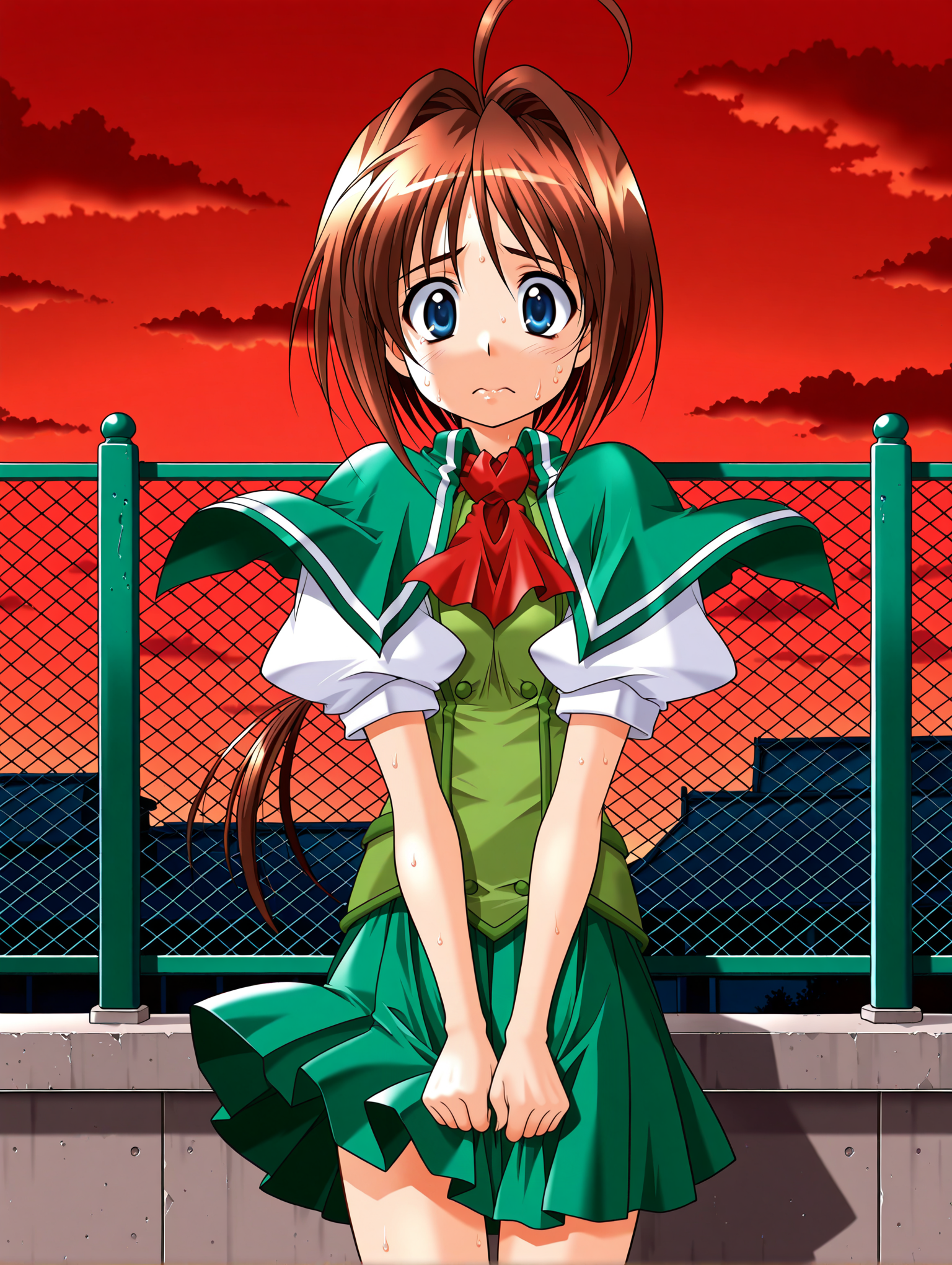 masterpiece,best quality,amazing quality,
1girl,solo,
<lora:wakatsuki_kotomi_ilxl_v1.0:1>,w_kotomo,ahoge,brown hair,blue eyes,low ponytail,long hair,
k_clothes,green capelet,ascot,green vest,puffy short sleeves,green pleated skirt,
<lora:Fixhands_anime_bdsqlsz_V1:1>,red sky,cloud,rooftop,fence,looking_up,straight-on,cowboy_shot,scared,sweat,