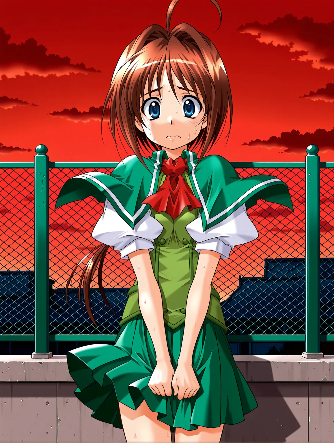 masterpiece,best quality,amazing quality,
1girl,solo,
<lora:wakatsuki_kotomi_ilxl_v1.0:1>,w_kotomo,ahoge,brown hair,blue eyes,low ponytail,long hair,
k_clothes,green capelet,ascot,green vest,puffy short sleeves,green pleated skirt,
<lora:Fixhands_anime_bdsqlsz_V1:1>,red sky,cloud,rooftop,fence,looking_up,straight-on,cowboy_shot,scared,sweat,