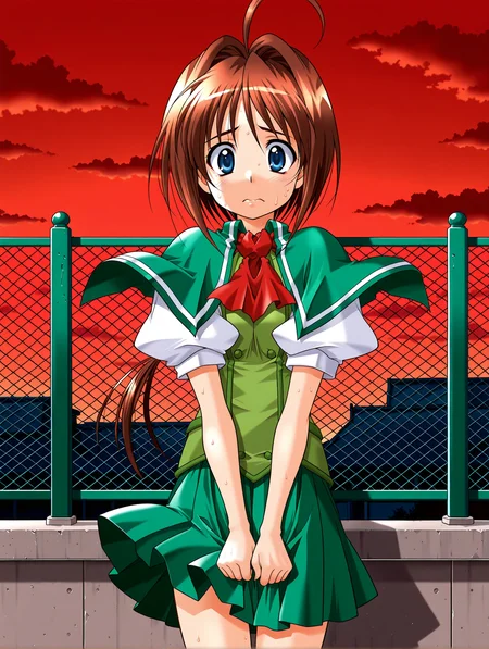 masterpiece,best quality,amazing quality,
1girl,solo,
<lora:wakatsuki_kotomi_ilxl_v1.0:1>,w_kotomo,ahoge,brown hair,blue eyes,low ponytail,long hair,
k_clothes,green capelet,ascot,green vest,puffy short sleeves,green pleated skirt,
<lora:Fixhands_anime_bdsqlsz_V1:1>,red sky,cloud,rooftop,fence,looking_up,straight-on,cowboy_shot,scared,sweat,