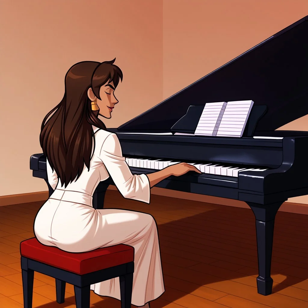 Sadira sitting at her piano and playing her piano