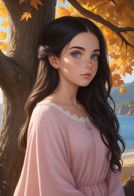 (photorealism:1.5)
child female princess, young child princess, thoughtful expression, gazing at the majestic tree, falling leaves, calm coastal village in the background, warm sunlight, vibrant colors, high contrast, hyper-realistic, serene atmosphere, pensive pose, detailed, high-definition, reflective mood, peaceful setting, long black hair, blue eyes, young face,
slight freckles, long eyelashes, thick eyebrows, cute princess dress, pink dress,