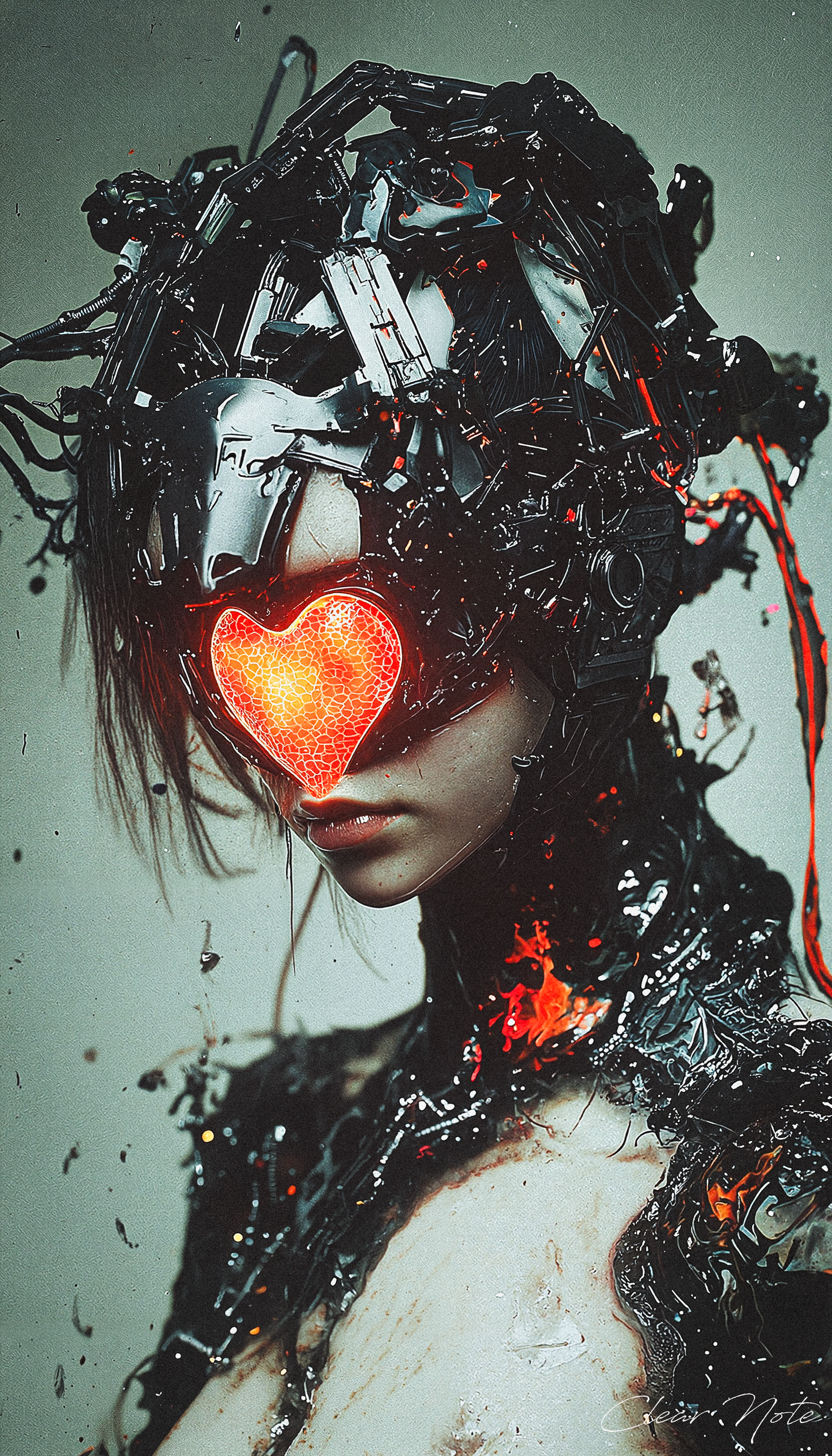 A heart of red in wires confined,
Love in circuits, deeply entwined.
Through fractured steel, hope takes flight,
A spark of warmth in endless night.