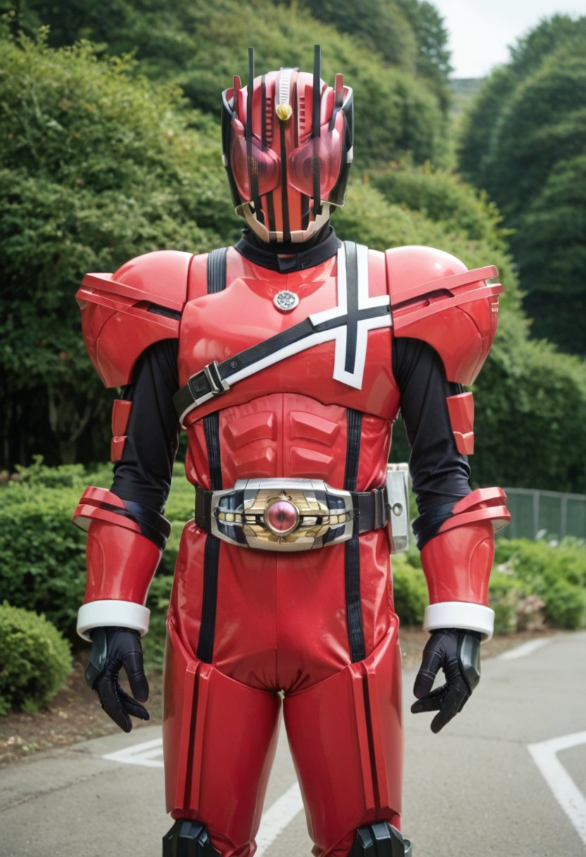 score_9, score_8, score_7, solo, armor, tokusatsu, bodysuit, helmet, rider belt, momotaro, peach, red armor