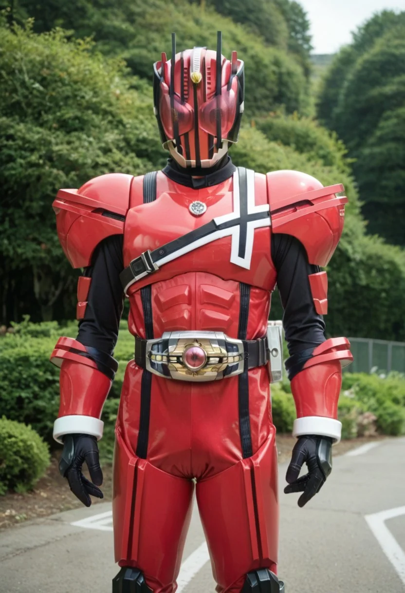 score_9, score_8, score_7, solo, armor, tokusatsu, bodysuit, helmet, rider belt, momotaro, peach, red armor