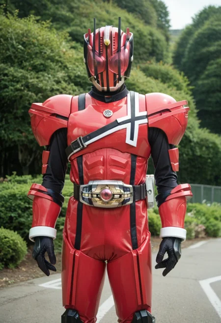 score_9, score_8, score_7, solo, armor, tokusatsu, bodysuit, helmet, rider belt, momotaro, peach, red armor