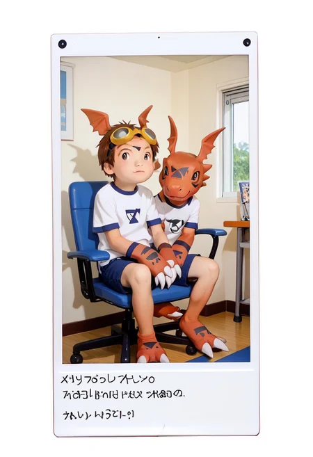 score_9, score_8_up, score_7_up, zPDXL2,
,takato sitting chair hold guilmon,
1boy, solo, goggles on head, brown hair, jyojifuku, white shirt, short sleeves, shorts, gym uniform,,,polaroid_photo,feral,digimon