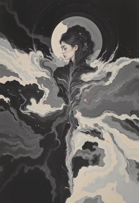 FFAIM, DB4RZ, a minuscule geometric glitched sleeping adult woman god being slowly rising from the surface of the planet through the athmosphere to the outer space, halo, dynamic pose, symmetrical object orbiting the clouds, Anime-esque, stylized, two tone art, scratchy, scribbled art style, edgy art style, dark, monochrome, dramatic angle, masterpiece, perfect