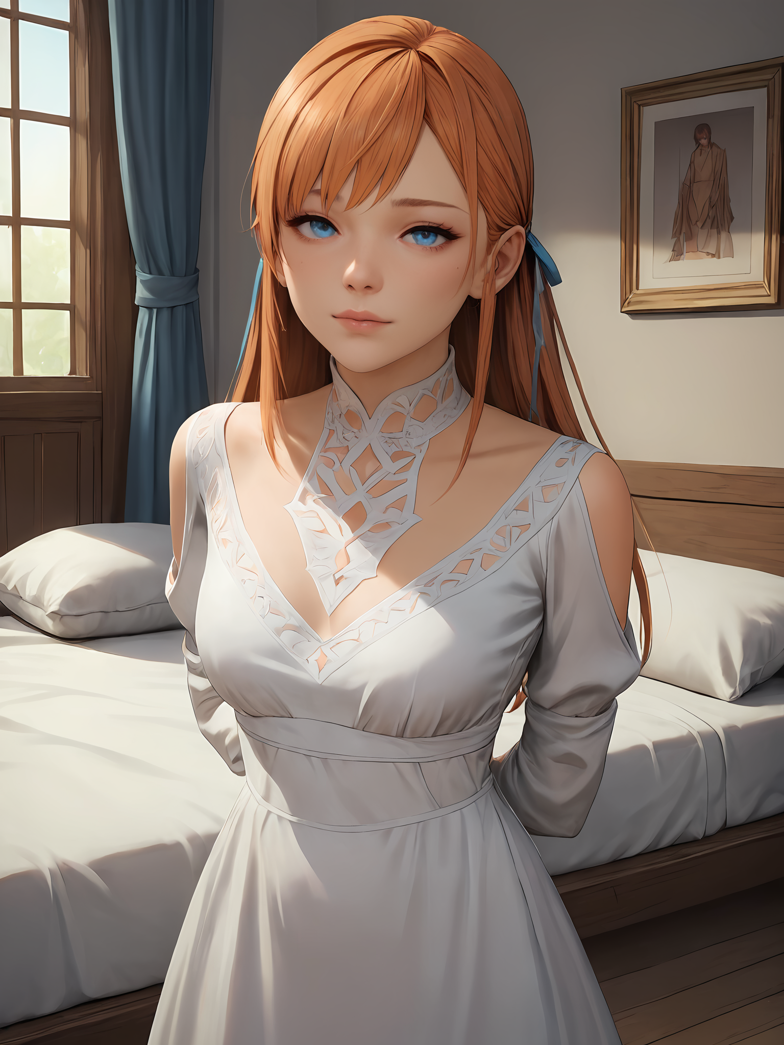score_9, score_8_up, score_7_up,
masterpiece, best quality,highres, absurdres, very authentic,3d,
HDA_MasterpieceXL_v.1,
1girl,<lora:ryne_FF14:0.75>, ryneFF14,blue eyes, long hair, orange hair, bangs, hair ribbon,  
white dress, long sleeves,
arms behind back,
looking at viewer, tilted head, arms behind back,
bedroom,
<lora:add-detail-xl:1>