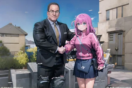 High Quality, Masterpiece, handshake, standing, IncrsShakingHands, <lora:YoungMichaelScottShakingEdTrucksHand:0.55>, 
BREAK senatorarmstrong, muscular male, glasses, cigarette, <lora:Char_MGR_Senator Armstrong:1>,
BREAK, gotohdef, one side up, cube hair ornament, pink jacket, track jacket, long sleeves, skirt, <lora:Char_BocchiTheRock_HitoriGotoh:1>, 1girl,