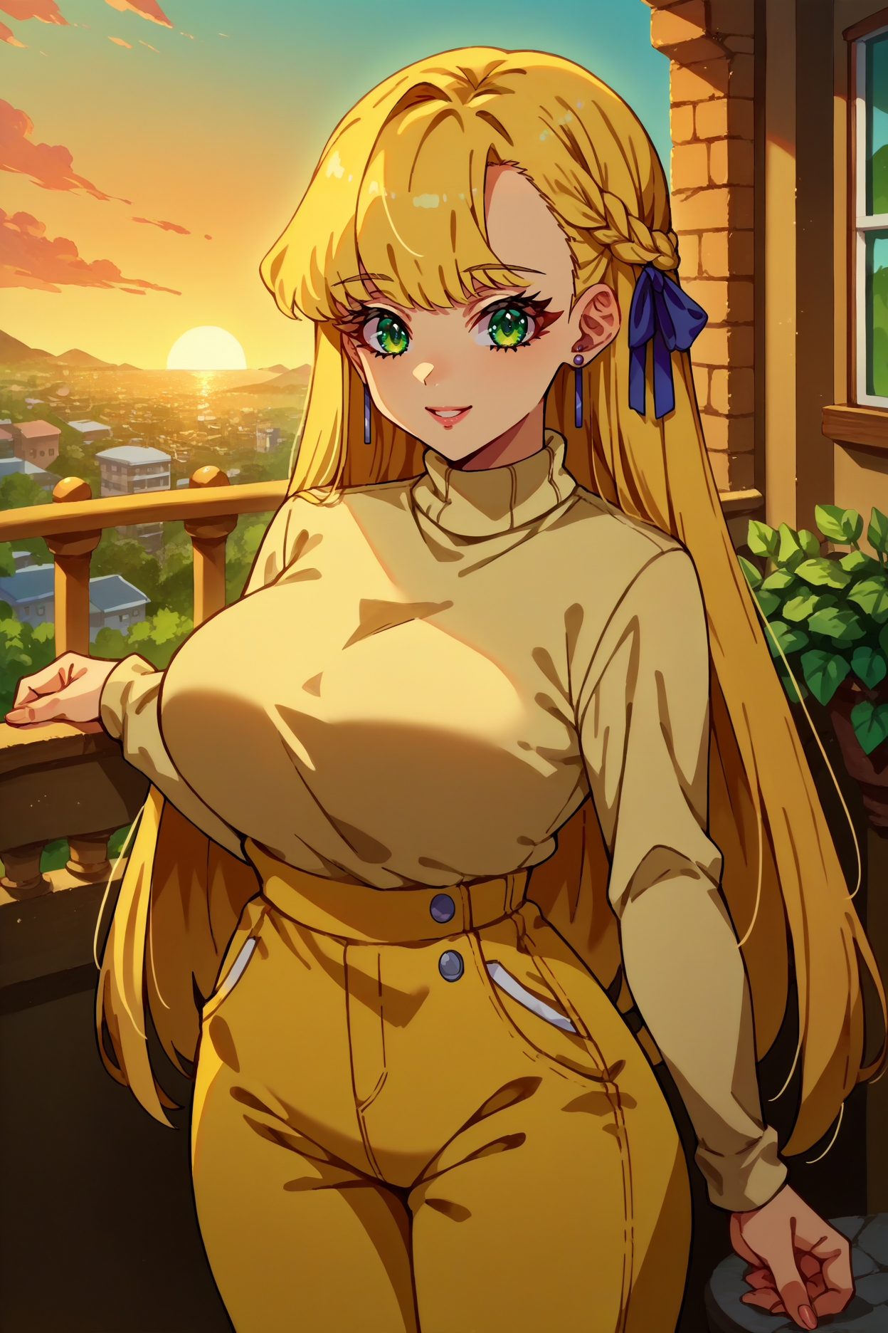 score_9, score_8_up, score_7_up, score_6_up, source_anime, 1girl, solo  <lora:theresagriebel-pdxl-nvwls-v1-000004:1> tgriebel, blonde hair, braid, long hair, hair ribbon, green eyes, earrings, large breasts, beige sweater, turtleneck, yellow pants, balcony, sunset, looking at you, happy