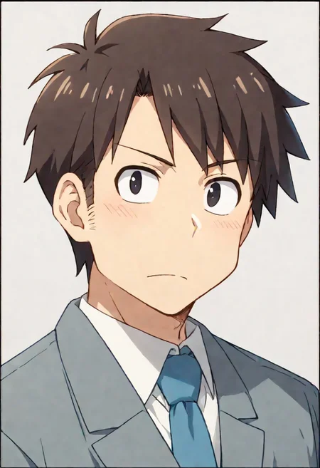 score_9, score_8_up, score_7_up, score_6_up, source_anime (Nichijou\), 2D, anime, official style, anime coloring, (male focus), solo male, Manabu Takasaki, dark brown hair, short hair, white shirt, blue necktie, grey jacket, feet out of frame, handsome, charming, alluring, (portrait, headshot, cowboy shot, close-up:1.3), black border, school office background, bright background, simple eyes pupils, black eyes pupils