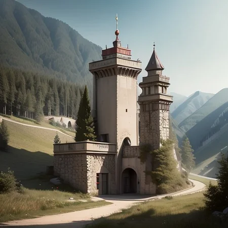 realistic analog photo, award winning photo, vary wide shot of (authoritarian) Cement:1.3 witow (Military watchtower):1.3, fort, building, scenery, dirt path, (on a hilltop), nature, outdoors, RAW, highres, 8k, uhd, High Dynamic Range, tonemapping, crisp details,