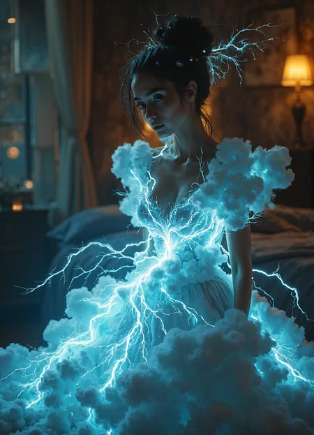 Hyper-realistic portrait of a woman wearing an ethereal dress composed of lightning, clouds, and fog. The dress appears to be alive, with tendrils of electricity crackling along its surface, illuminating the woman's pale skin with a blue-white glow. Wispy clouds swirl around her torso, forming a constantly shifting bodice, while delicate fog trails down to create a flowing skirt that fades into the air. Her hair is swept up in a windswept style, with strands lifting as if charged with static electricity. The woman's expression is intense and otherworldly, her eyes reflecting the storm contained within her garment.
The background is a softly blurred bedroom, rendered in warm, muted tones to contrast with the electric blue of the dress. Bokeh effects create floating orbs of light, suggesting bedside lamps or candles. The soft focus emphasizes the sharpness and detail of the foreground subject.
Dynamic lighting plays a crucial role, with the dress serving as the primary light source. Bright flashes illuminate the scene in rhythmic pulses, casting dramatic shadows that dance across the woman's face and the surrounding area. Softer, ambient light from the background creates a gentle rim lighting effect, separating the subject from the blurred setting.
Fine details are visible throughout, from the individual strands of hair lifting in the electrical field to the micro-expressions on the woman's face. Water droplets from the clouds catch the light, creating prismatic effects. The textures of the dress elements are hyper-detailed รขยย the crisp edges of lightning bolts, the cotton-like puffiness of clouds, and the gossamer-thin wisps of fog, all blending seamlessly into one extraordinary garment.