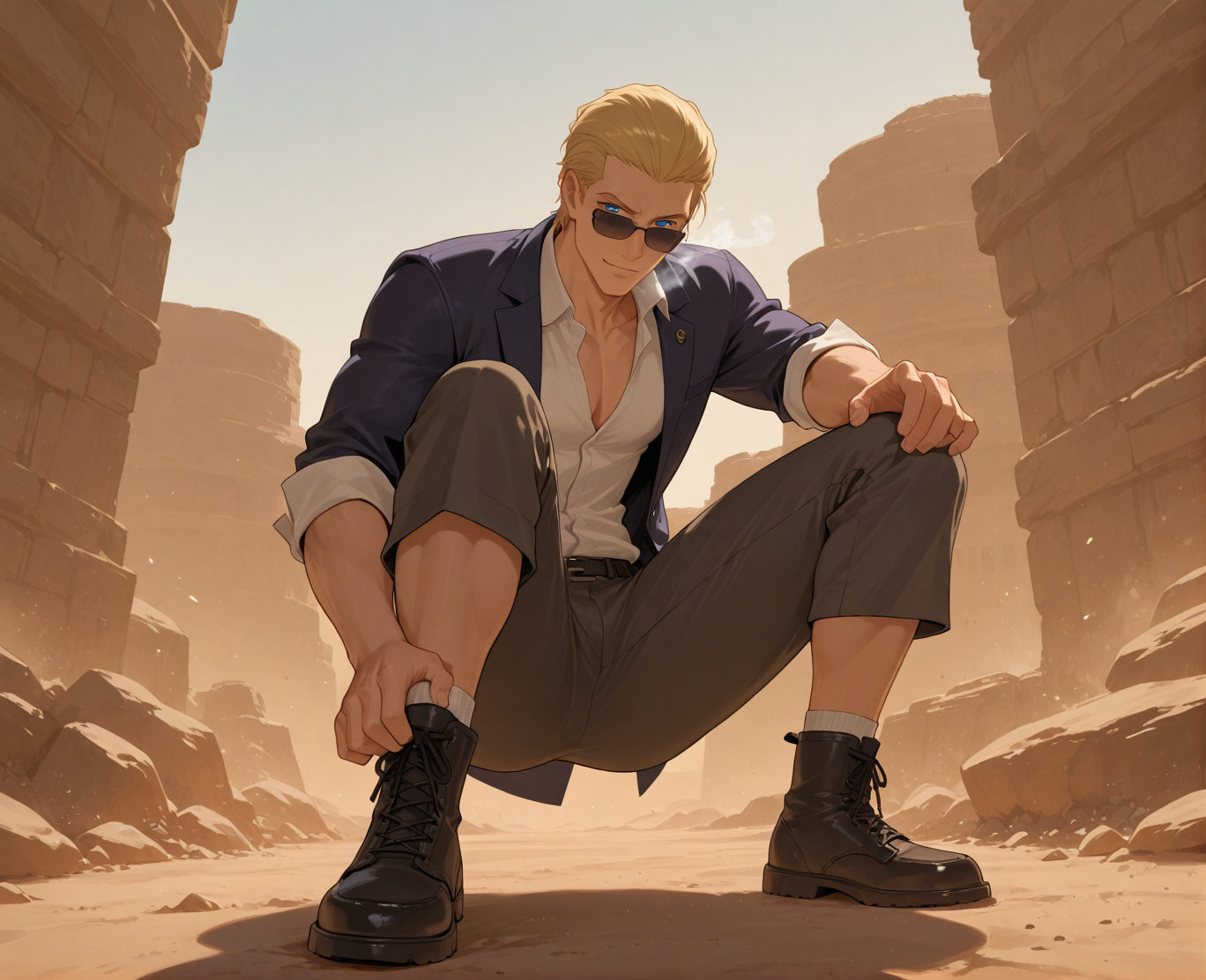 PonyScores7, source_anime, ah, 1IllustriousQual, interesting, exciting, spectacular, wonderful,
BREAK ((from below), medium distance from viewer, focus on knees),
BREAK <lora:albertwesker-guy-PONYv1:0.8>, albertwesker, 1boy, toned, athletic, fit, mature male,  angular face, sharp_featured face, handsome, charming, alluring, <lora:shinyskin2:0.2>, glistening skin, AS-MidAged,
BREAK slicked back hair, short hair, blonde, <lora:hairdetailpxl:0.2>, hairdetailpxl, 
BREAK blue eyes, <lora:expressive eyes:0.2>, expressive eyes, <lora:eyedetailpxl:0.2>, eyedetailpxl, <lora:Eyes_High_Definition:0.2>, EyesHD,
BREAK (A man breathes deeply, and his breath crystallizes into a dense fog that rolls outwards, freezing everything it touches into brittle, icy statues),
BREAK (ancient desert ruins),
BREAK A provocative smile with a slow, deliberate blink, <lora:Expressive_H:0.2>, Expressiveh, looking at viewer, <lora:Emotional_Anime_Expressions_PonyXL_Concept:0.2>, emotional, <lora:Best_Facial_Expression_LoRA_PONY:0.2>, <lora:Detailed expressive EXEV style -XL Pony V1.0:0.2>, FaceDetail,
BREAK (newsboy cap, short sleeve blazer, capri pants, clear lace-up booties), (sunglasses:1.3), 
BREAK <lora:xl_more_art-full_v1:0.2>, <lora:aesthetic_anime_v1s:0.2>, <lora:EpicF4nta5yXL:0.2>, <lora:detailxl:0.2>, detailxl, <lora:Fant5yP0ny:0.2>, best quality, amazing quality, best aesthetic, absurdres, illustration, Volumetric_Lighting, ultra-detailed, very aesthetic, intricate details, 8k, masterpiece, best_quality,
BREAK Stable_Yogis_PDXL_Positives, AS-Adult, <lora:Complicated fantasy portrait - XL Pony V2.0:0.2>, bad-hands-5, <lora:HDA_Detailer:0.3>,