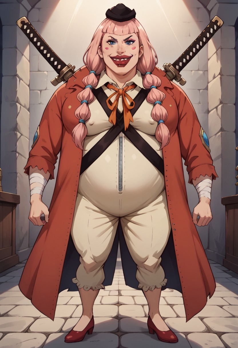 CharlotteLolaOP, 1girl, solo, chubby, long hair, pink hair, bangs, black hat, two pigtails, braids, black eyes, nose, shiny red lips, blush stickers, large head, teeth, one missing tooth, makeup, large breast, large belly, red coat, light green clothes, collar, neck ribbon, shoes, bandages, weapon, katana, weapon on back,
seductive pose, sexy pose, tease,  in the spotlight,,
smile,   jojo reference, 
score_9, score_8_up, score_7_up, beautiful aesthetic, very intricate, high quality details,vibrant, highly detailed, award-winning, professional,anime artwork, anime style, studio anime, athletic, curvy body, athletic girl, perky tits,large breast,perfect tits, round breasts, nipple outline,looking at viewer, pinup pose,teasing, dynamic lighting, cinematic, smug, better than you, aura of temptation, highly detailed, high resolution, masterpiece, detailed clothes, detailed background, highly detailed, ((sound effects)) comic layout,