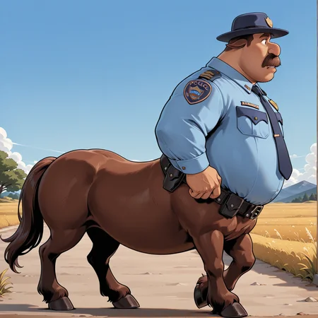 coltbronco, centaur, full body, standing, from side, police uniform, police hat, hat, outdoors, blue sky
