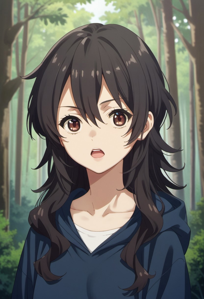 score_9, score_8_up, score_7_up, source_anime, ameku takao, long hair, black hair, brown eyes, 1girl, solo, anime coloring, open mouth, looking at viewer, tree, collarbone, outdoors, nature, hood, hair between eyes, forest, hoodie