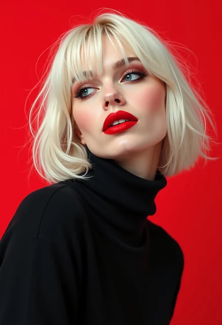 graphic design, an oil-painting of a close-up portrait of a swedish woman with platinum blonde bob-cut hair, head slightly downwards and eyes looking upwards, with a serene, ethereal expression. She wears matte red lipstick, enhancing her fair, porcelain-like skin. she wears dark smokey eyeshadow. Her outfit is a rollneck sweater that contrats sharply with a solid red background. The style is digital art, high contrast, minimalistic composition, smooth textures, with sharp details and vibrant color palette.